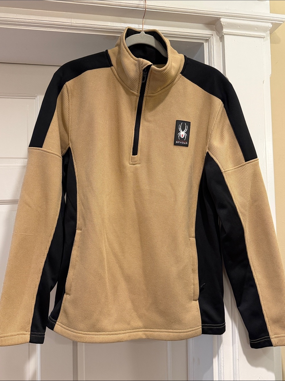 Spyder Men's Quarter Zip Pullover in Tan and Black. Medium